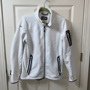 Cabela’s white fleece jacket.